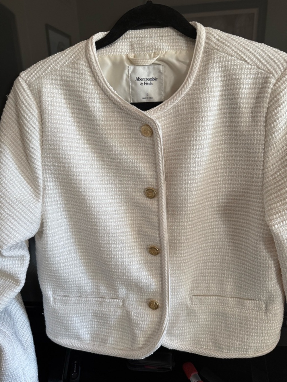 Abercrombie & Fitch Cream Textured Button-Front Blazer